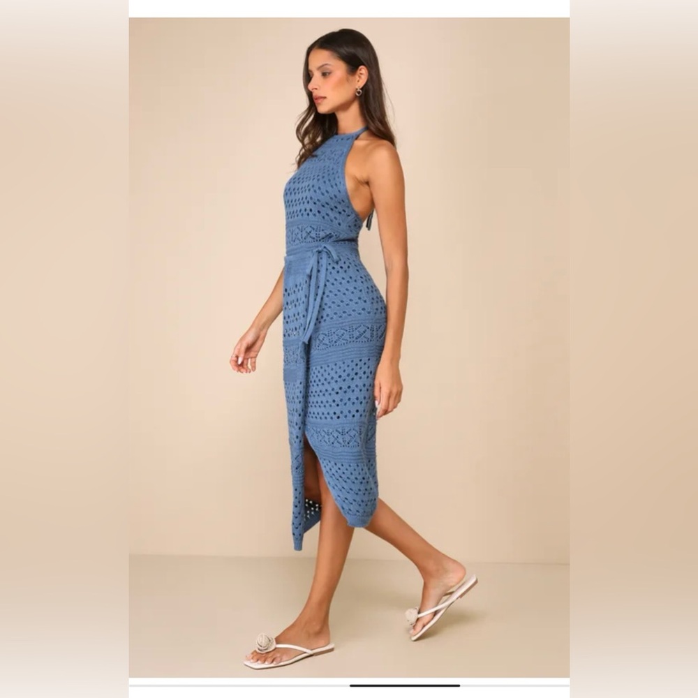 NEW! Lulus Blissful Strolls Slate Blue Crochet Faux-wrap Halter Midi Dress, M - Picture 4 of 4
